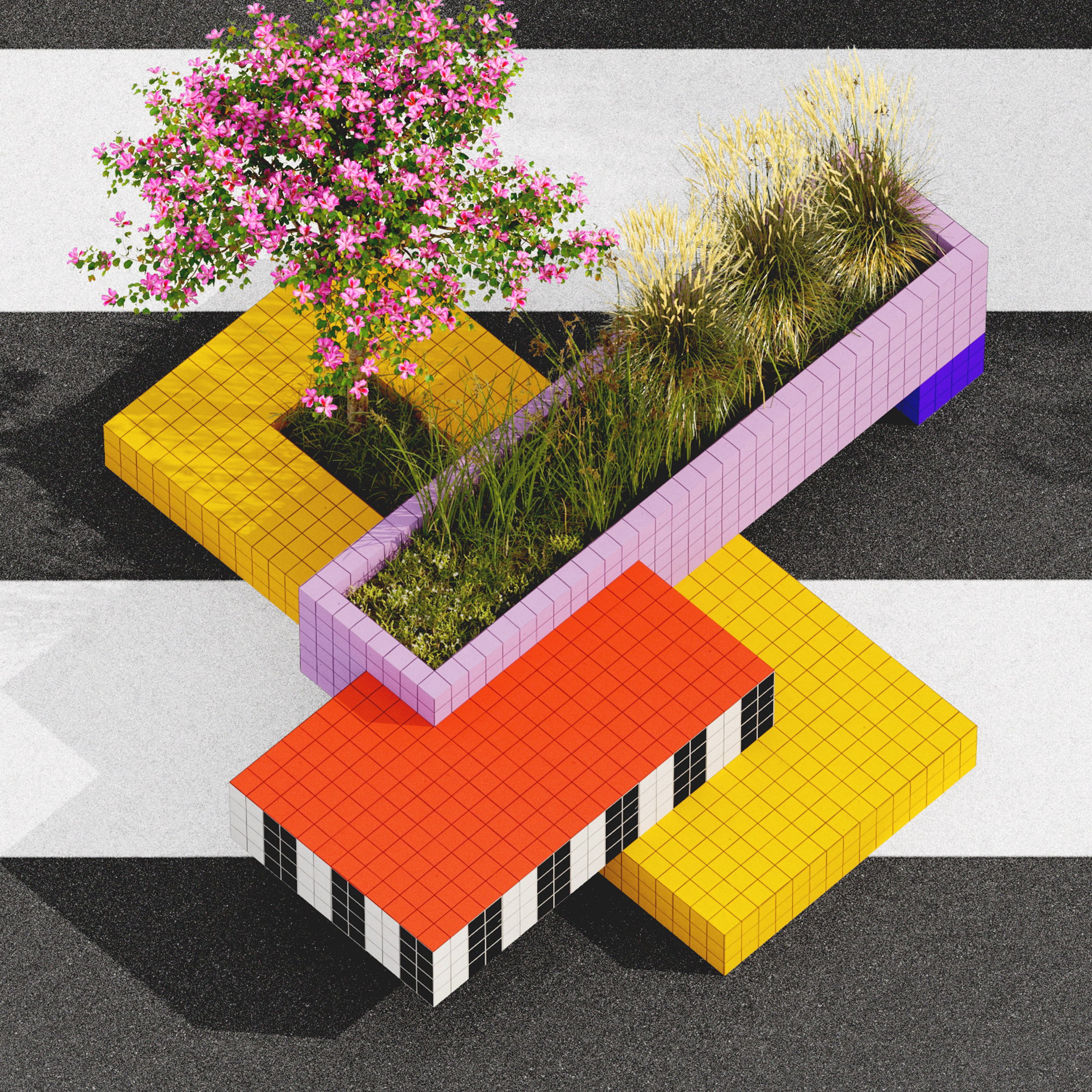 A geometric planter in Camille Walala's proposal of a pedestrianised Oxford Street, London