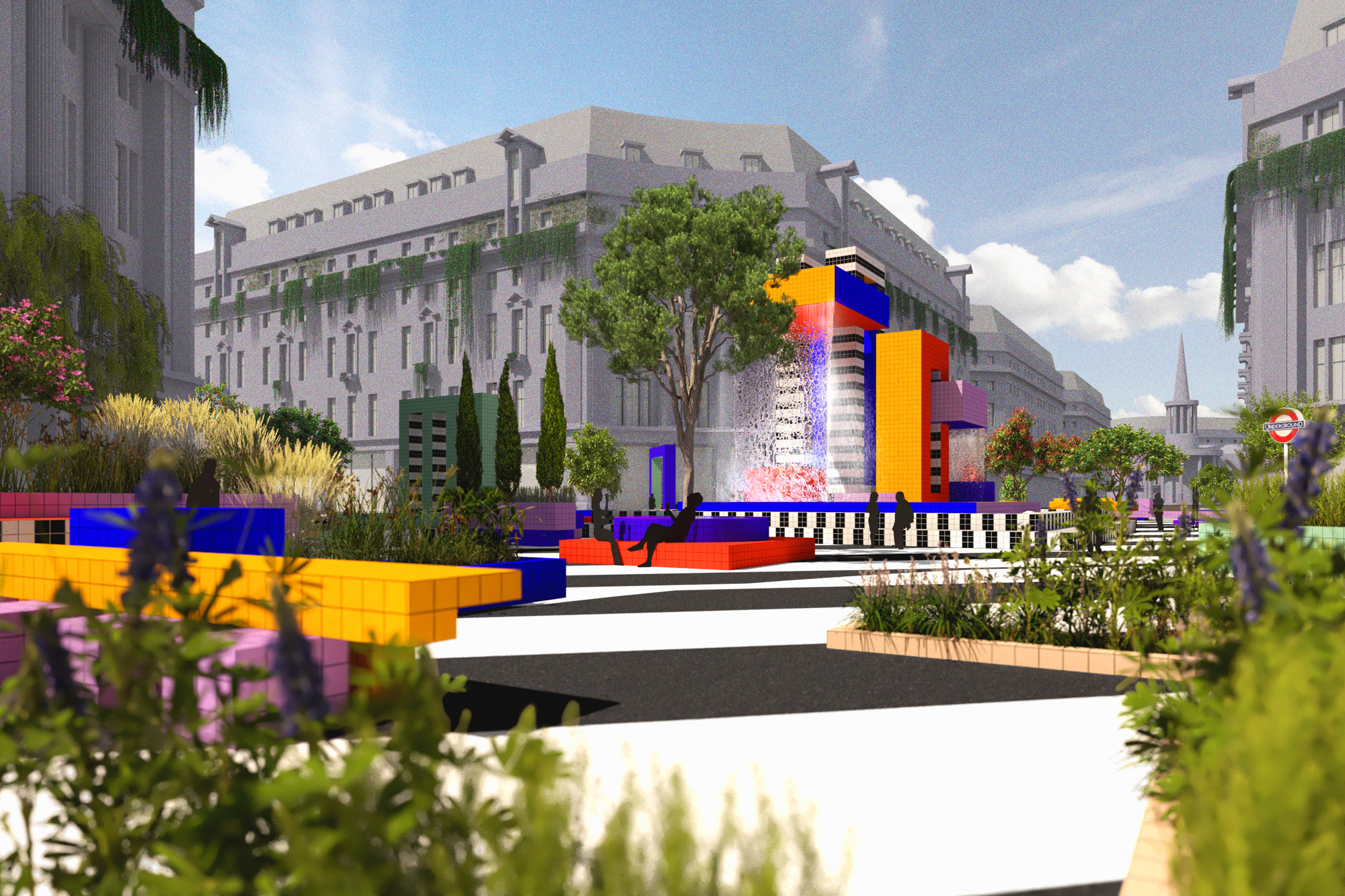 Benches and a fountain in Camille Walala's proposal for a pedestrianised Oxford Street, London