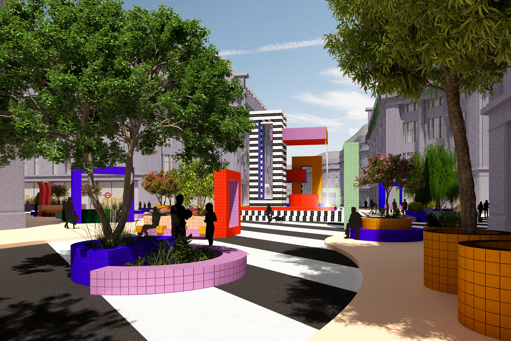 Planters and a fountain in Camille Walala's proposal for a pedestrianised Oxford Street, London