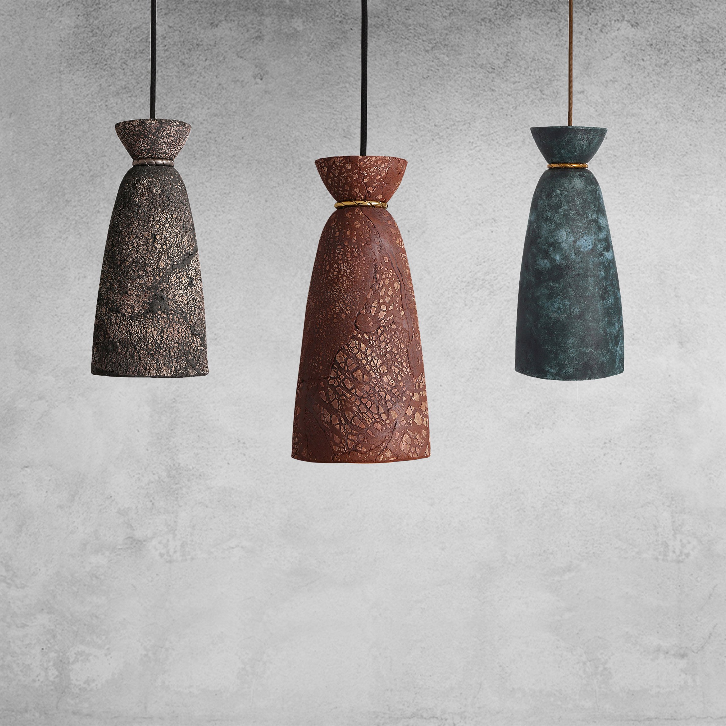Pando pendant by Mullan Lighting in red iron, blue earth and black clay
