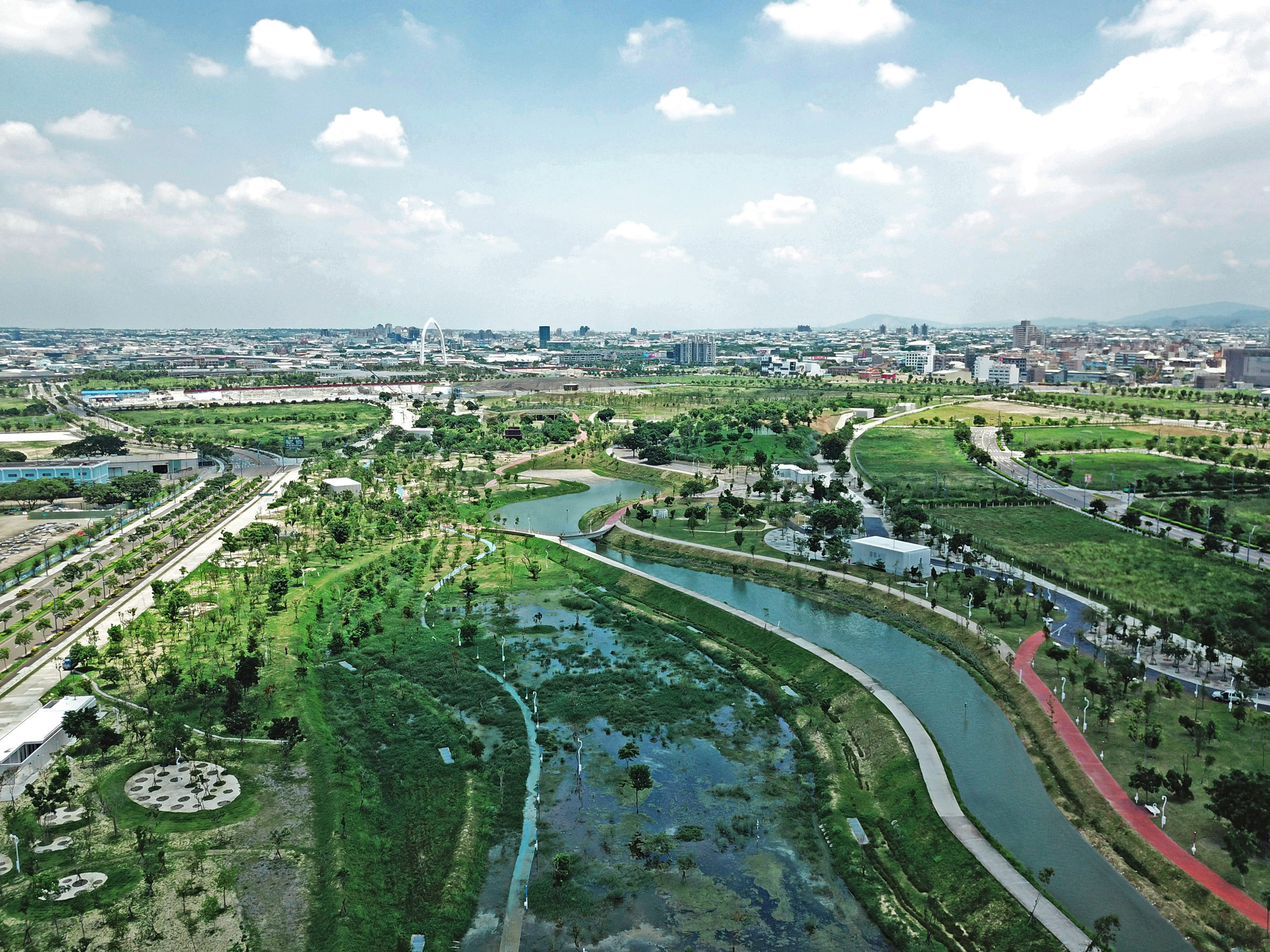 Birds-eye view of Phase Shifts Park designed by landscape architects Mosbach Paysagistes in Taichung, Taiwan