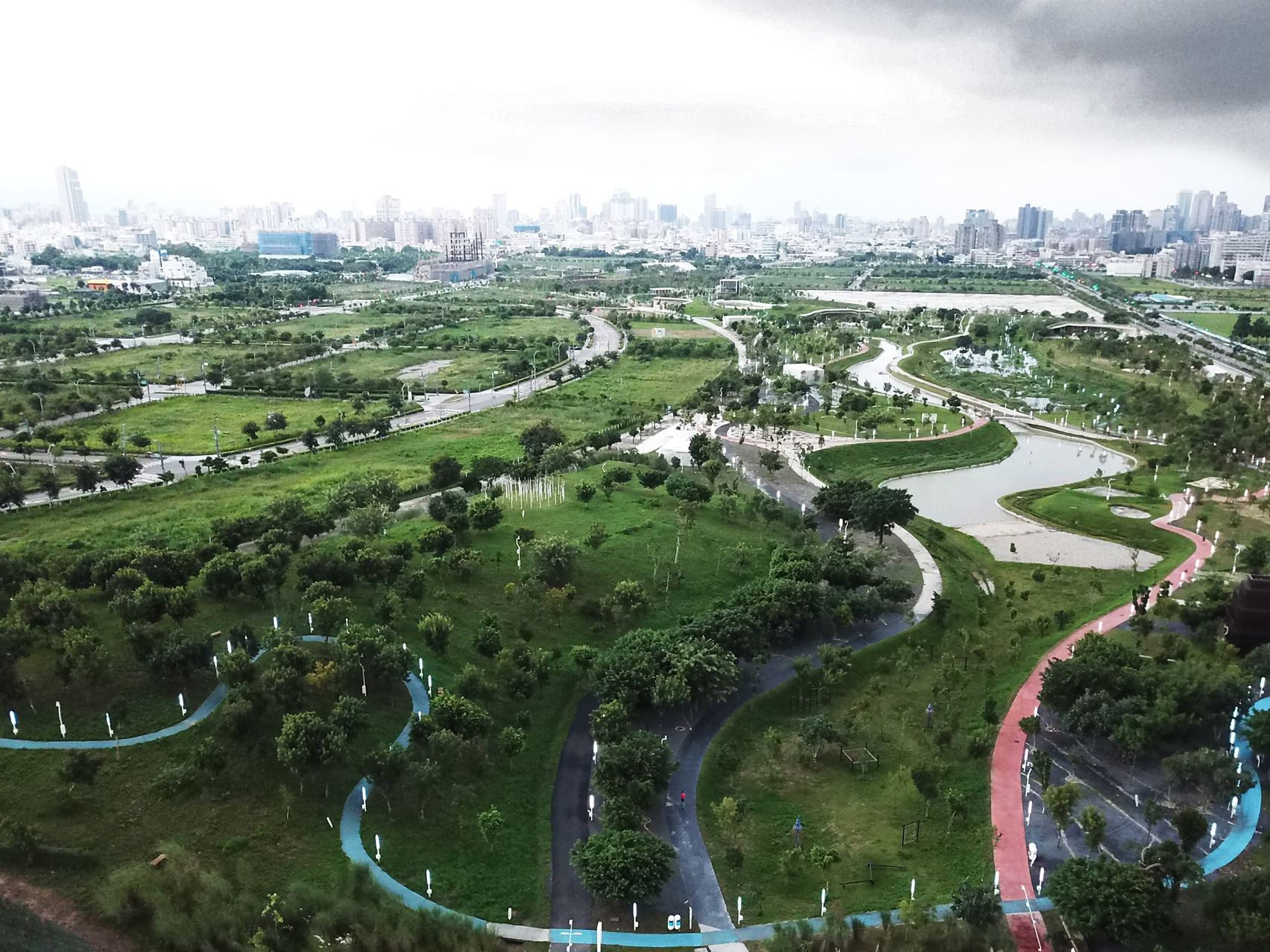 Aerial view of Phase Shifts Park designed by landscape architects Mosbach Paysagistes in Taichung, Taiwan