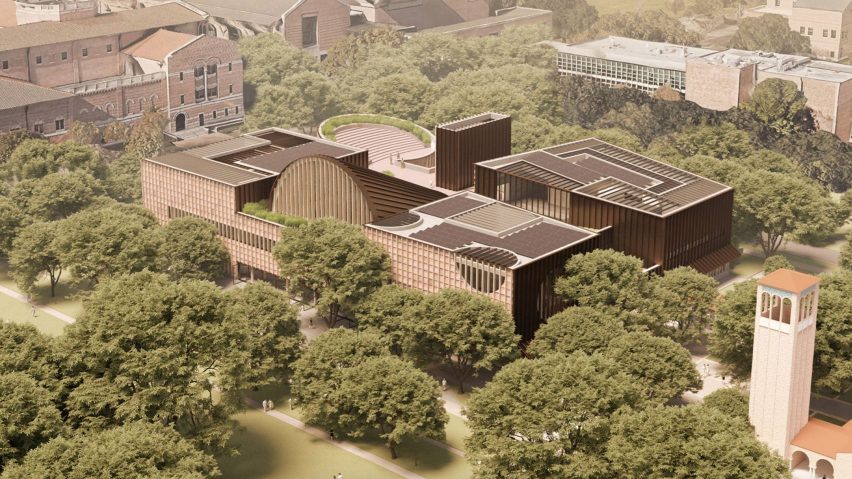 An aerial view of Adjaye Associates' proposed student hub for Rice University