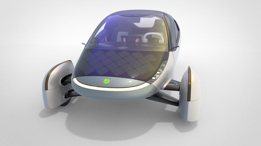 Render of the three-wheeled solar and electric Aptera vehicle