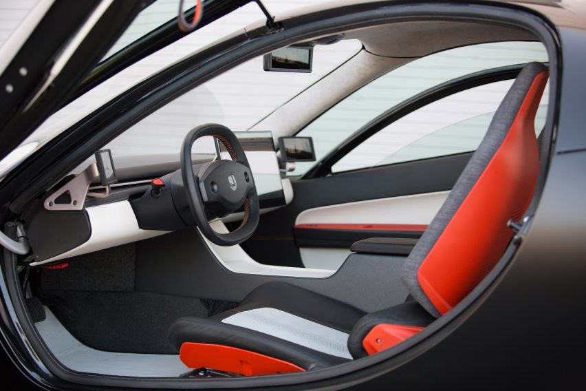 Interior view of the three-wheeled solar and electric Aptera vehicle