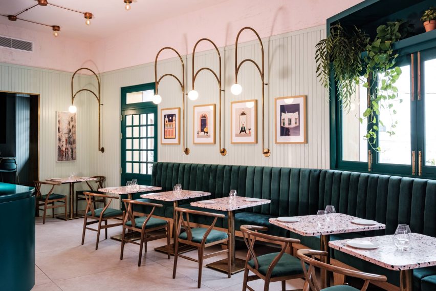 Green-velvet seating features in Malta's Barbajean restaurant
