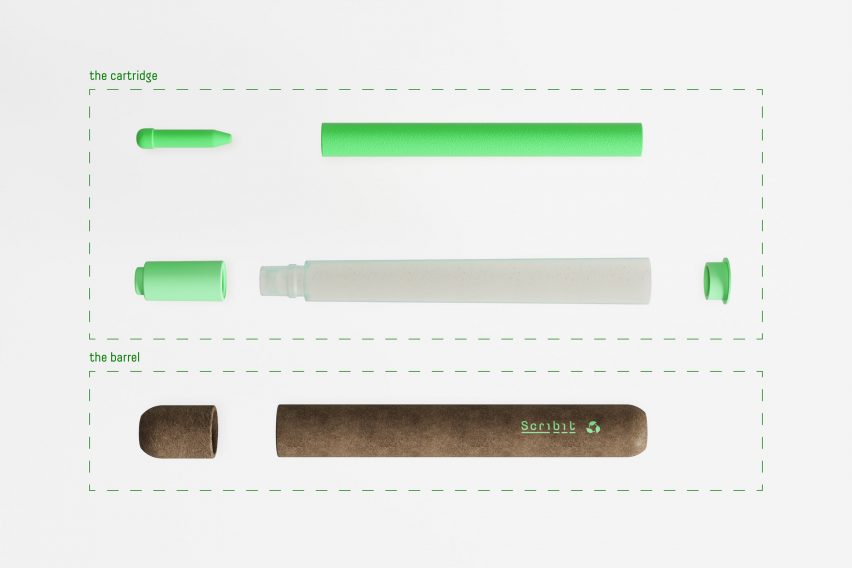 Exploded view of compostable Scribit Pen concept by Carlo Ratti Associati