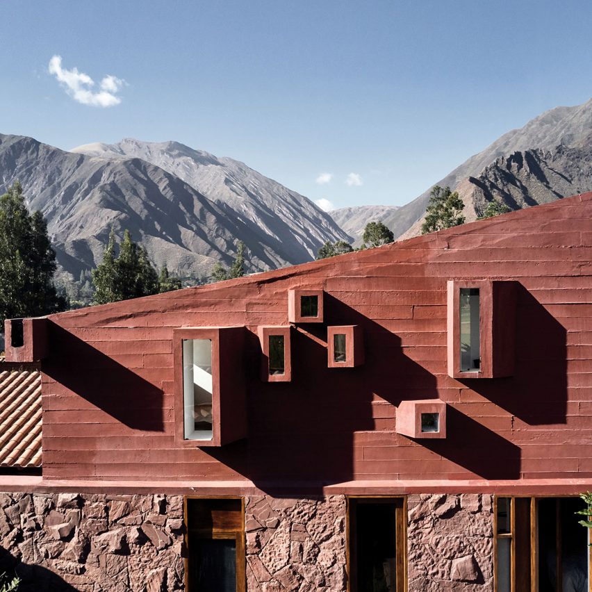 Peruvian mountains surround geometric and red Casa Huayoccari by Barclay & Crousse