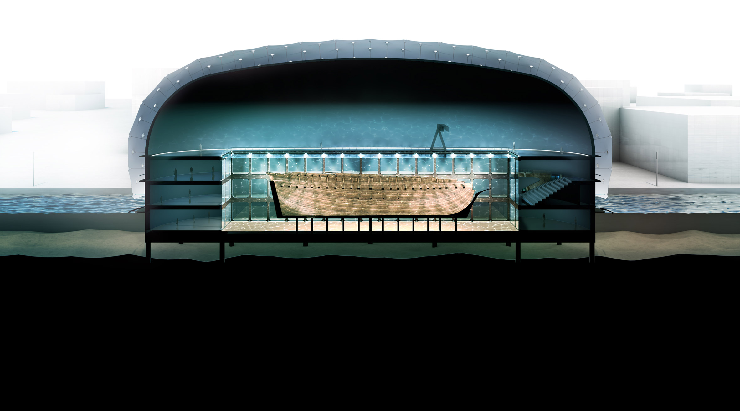 A perspective section of Docking the Amsterdam underwater museum by ZJA 