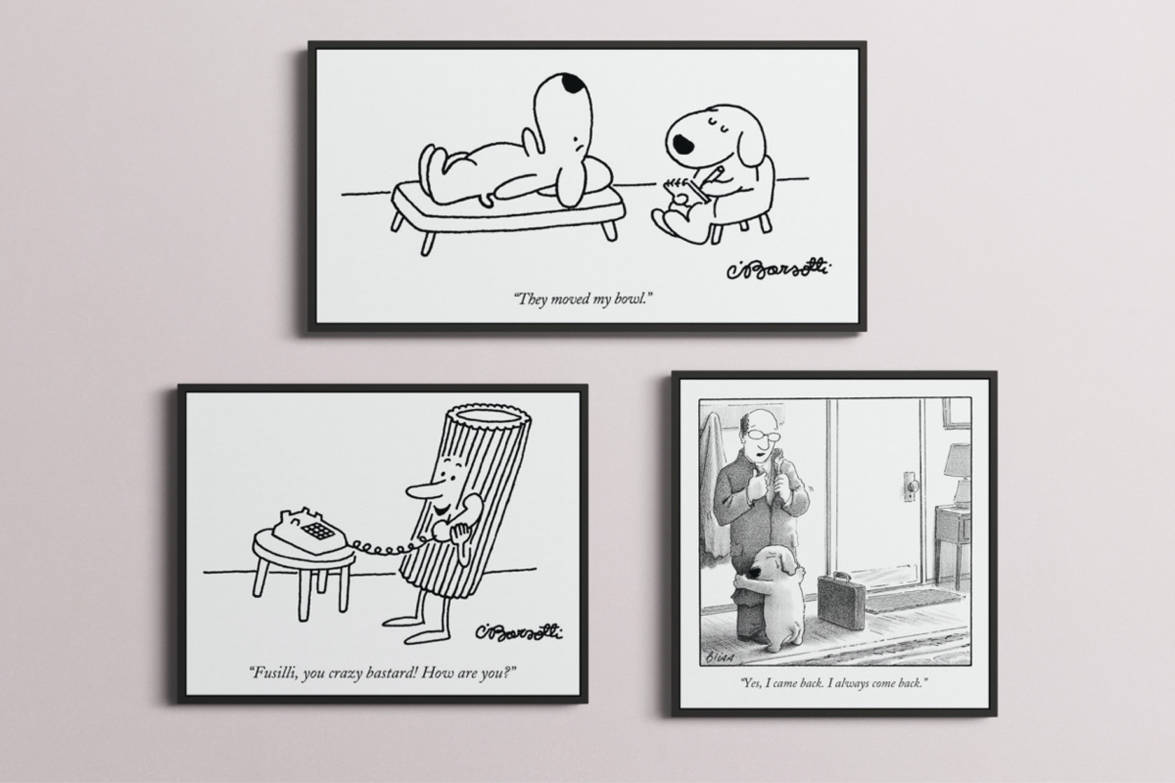 Sketches by American cartoonist Charles Barsotti from Fine Art America's Condé Nast Art Collections