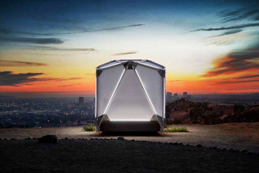 Night view of Jupe prefabricated camping shelter