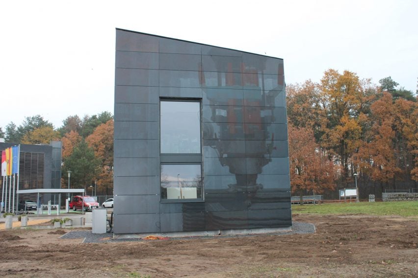 Rear view of 3D-printed house Kamp C, Westerlo, Belgium