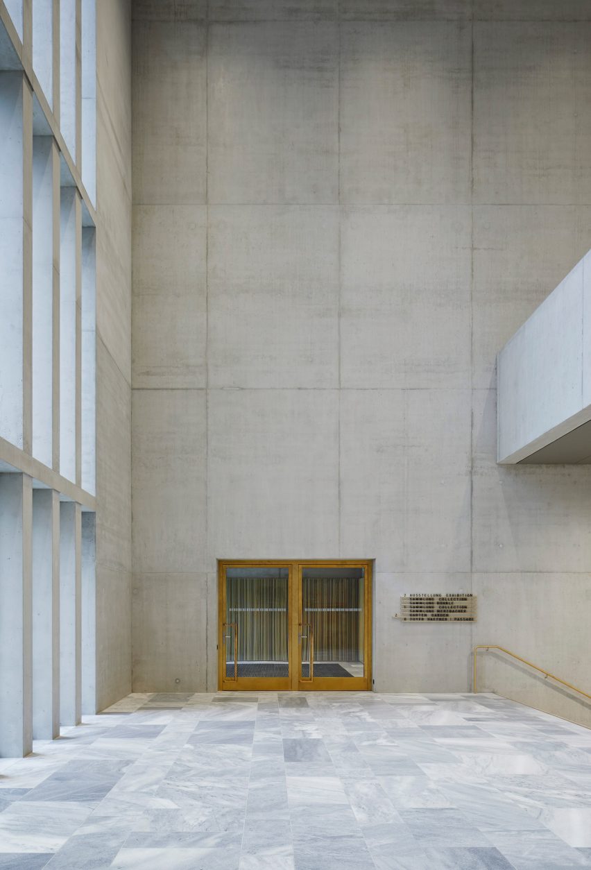 A circulation space inside the Kunsthaus Zurich museum extension by David Chipperfield