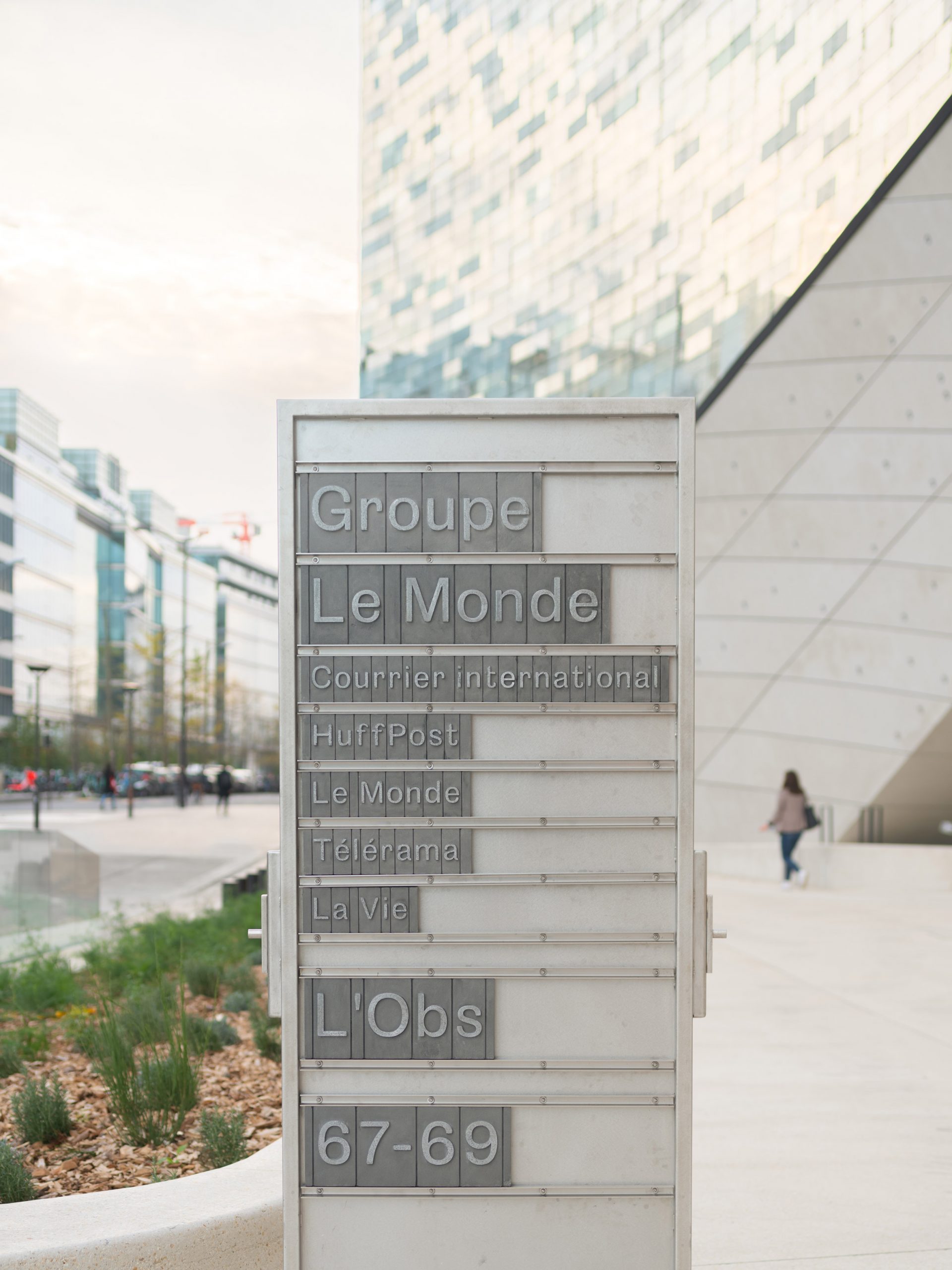 A sign outside the Le Monde Headquarters in Paris by Snøhetta
