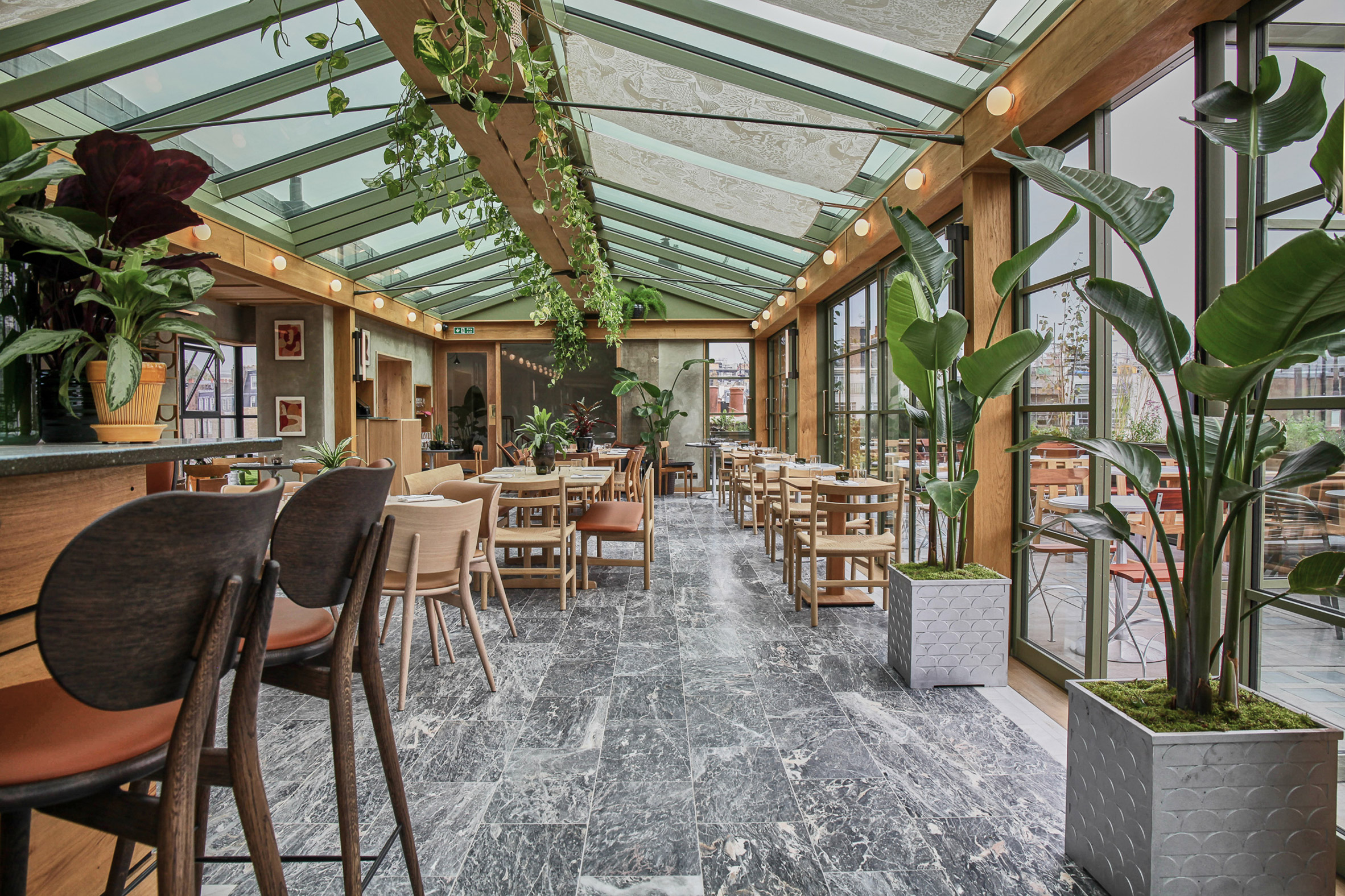 Interiors of Roof Garden restaurant inside Pantechnicon in London