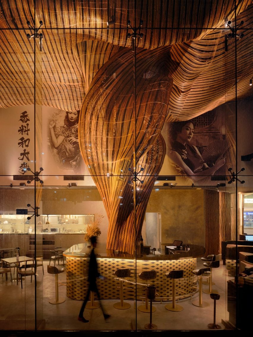 Rattan column at Spice and Barley by Enter Projects Asia