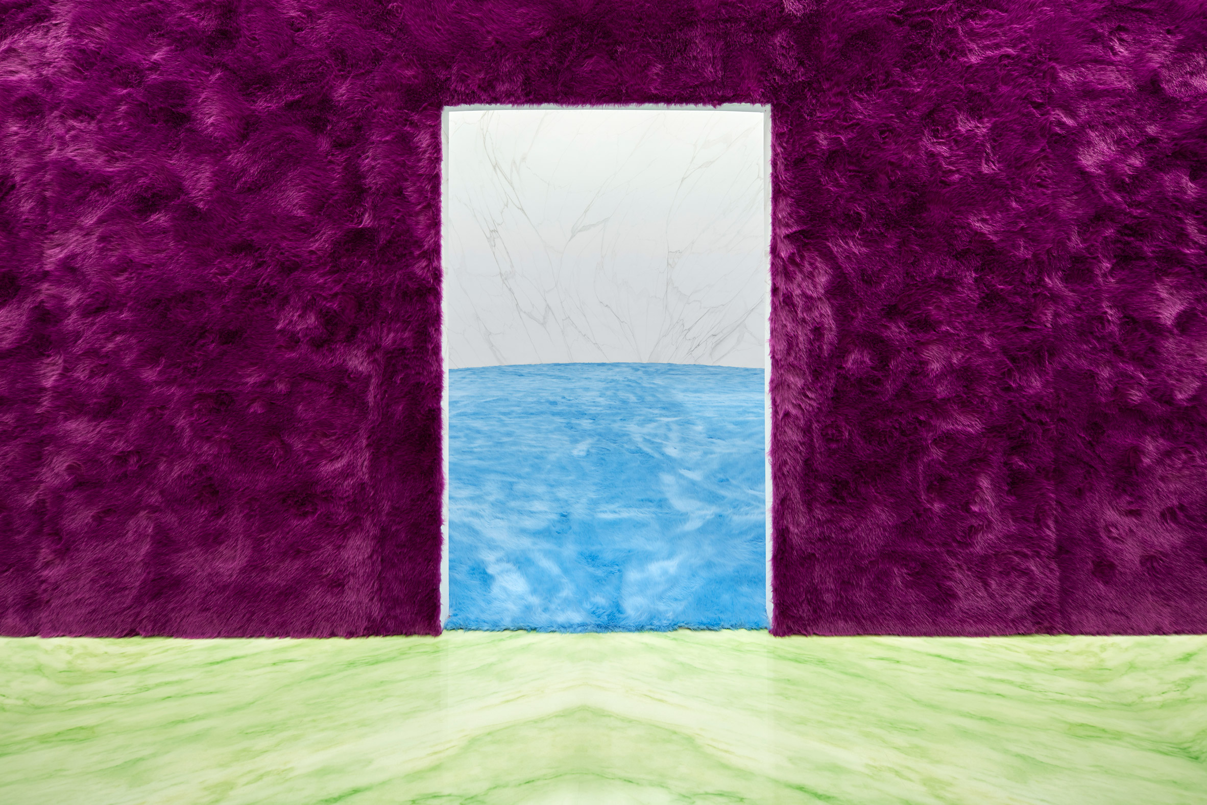 purple fur clad walls at Prada show
