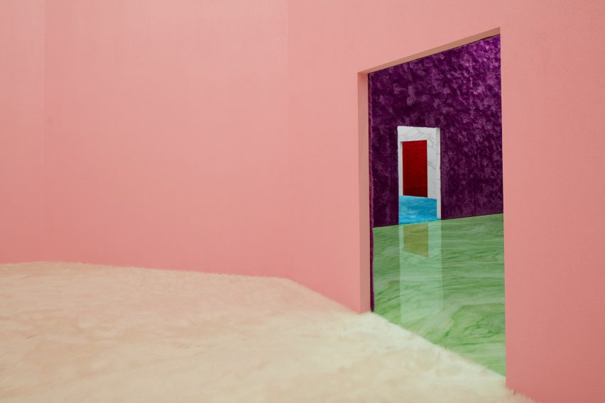 pink room at Prada FW21 Menswear show by AMO and Rem Koohaal