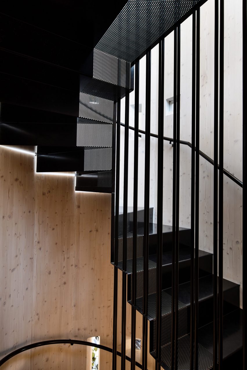 Part-perforated black steel staircase