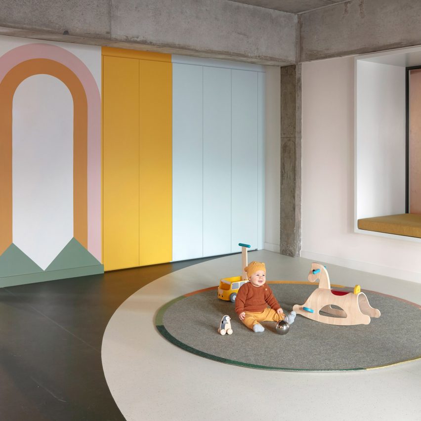 Danielle Brustman decorates children's centre in Melbourne with pastel hues and rainbow murals