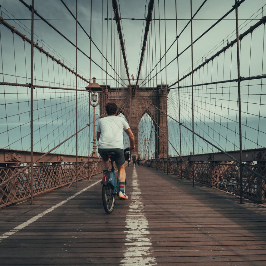 Cycling over New York's Brooklyn Bridge