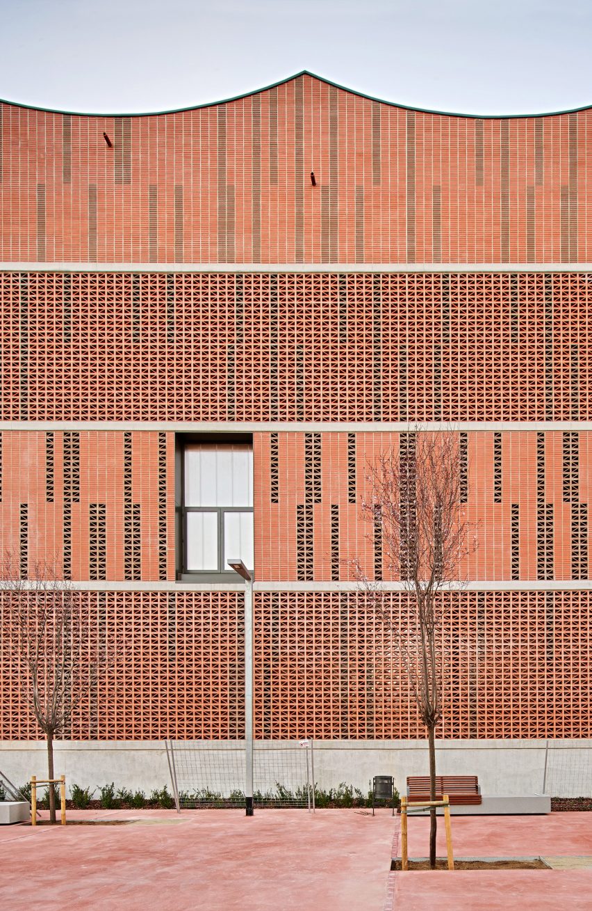 Brick facade of Camp del Ferro sports centre in Barcelona