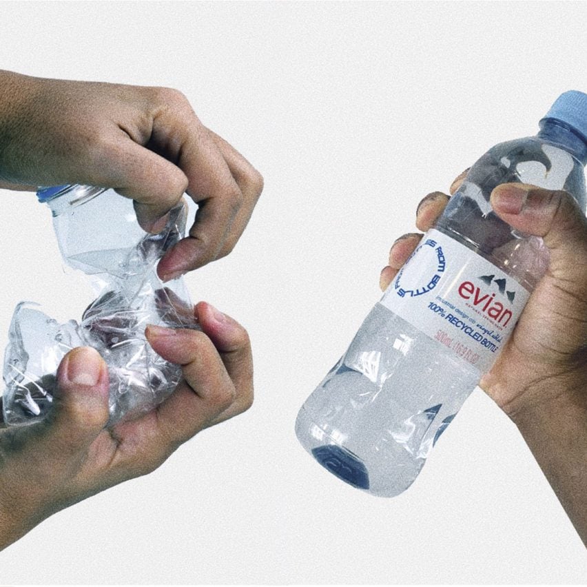 Manifesto botol plastik daur ulang oleh Virgil Abloh untuk Evian