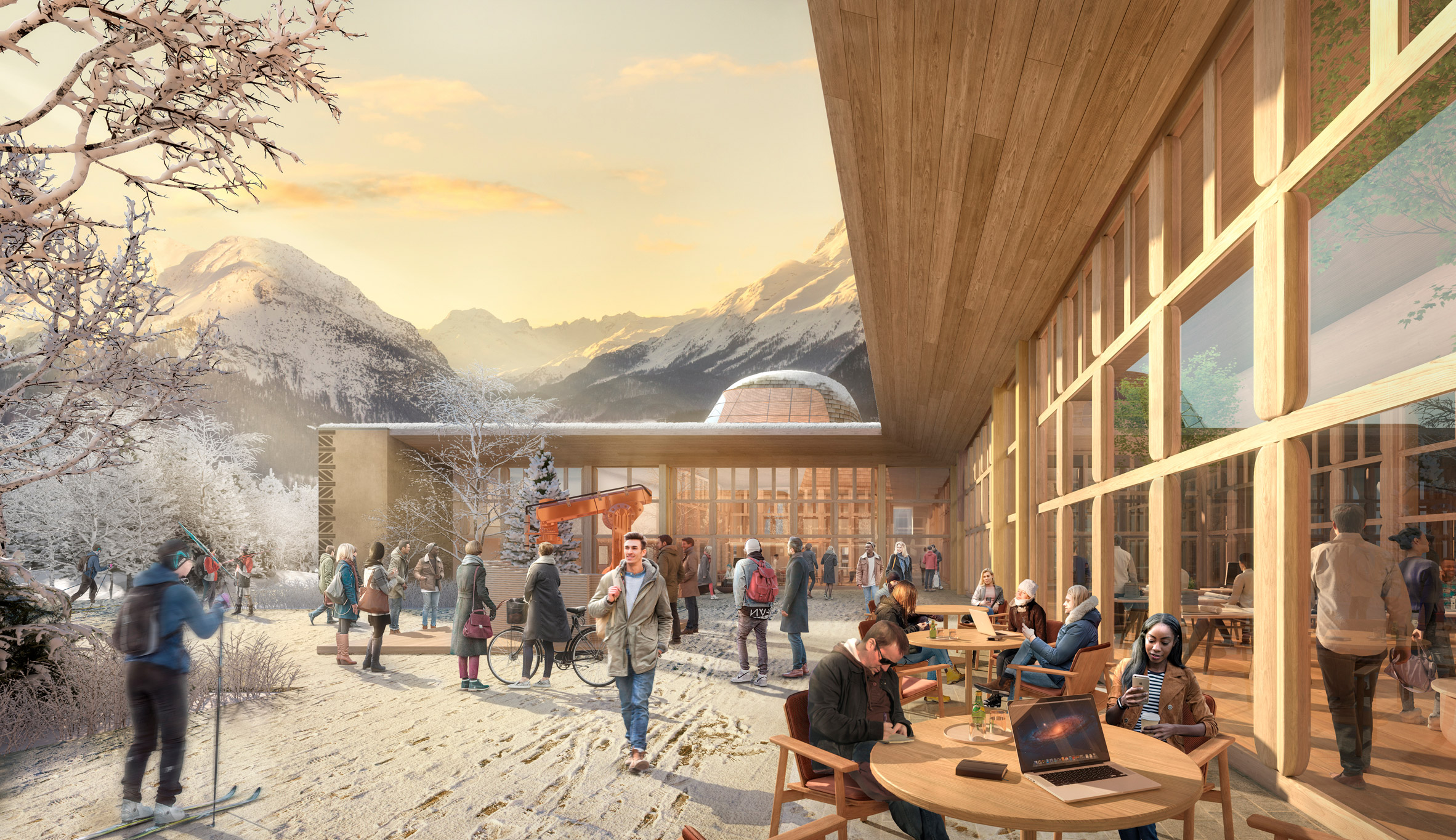 The larch-clad exterior of an innovation hub in the Swiss Alps