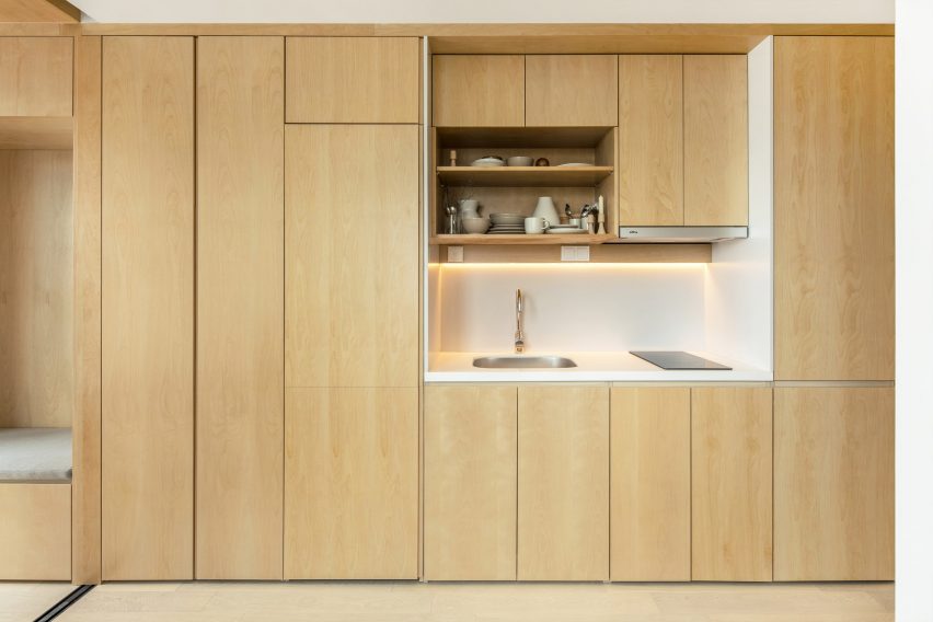 Kitchen inside a LIFE micro-apartment by Ian Lee