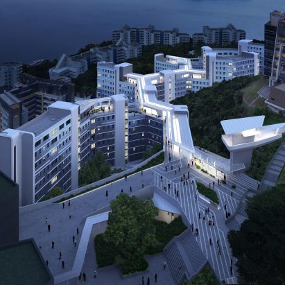 由扎哈·哈迪德建筑事务所设计的香港科大学生公寓屋顶步道航拍图