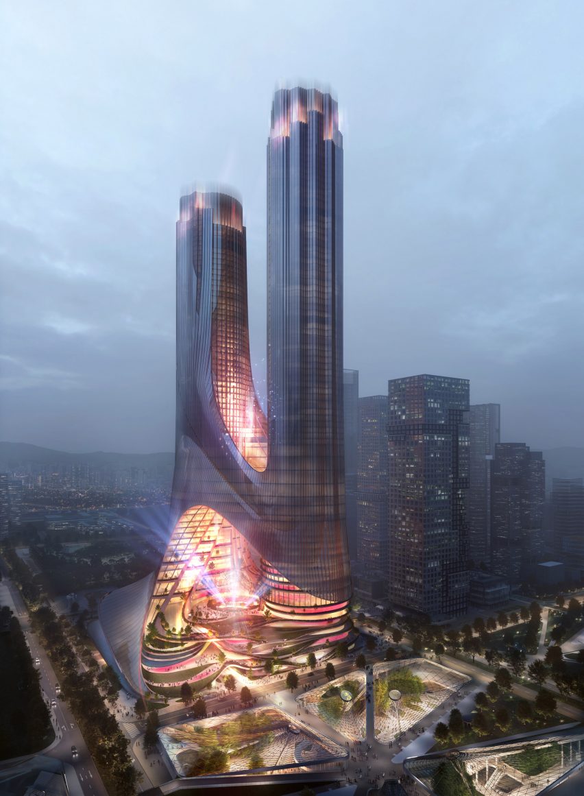 A night-time visual of Tower C by Zaha Hadid Architects in Shenzhen