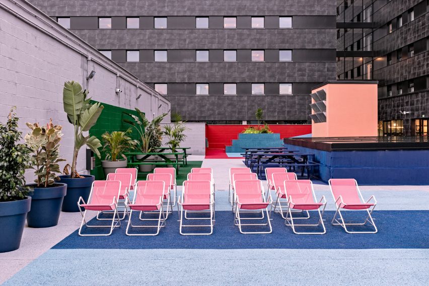 The multicoloured terrace has different seating areas