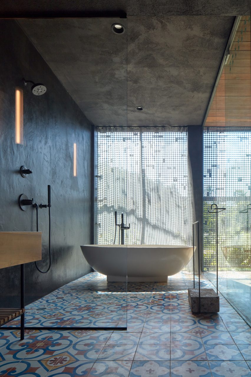 Bath room with colourful cement tiles from Nicaragua