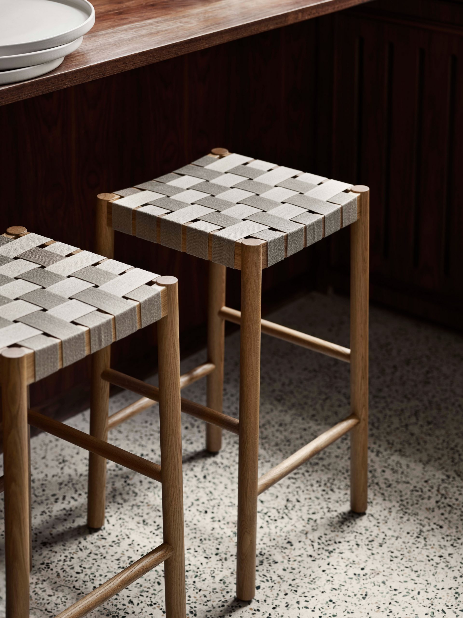 Betty TK8 stool in oak and natural webbing by Thau & Kallio for &Tradition