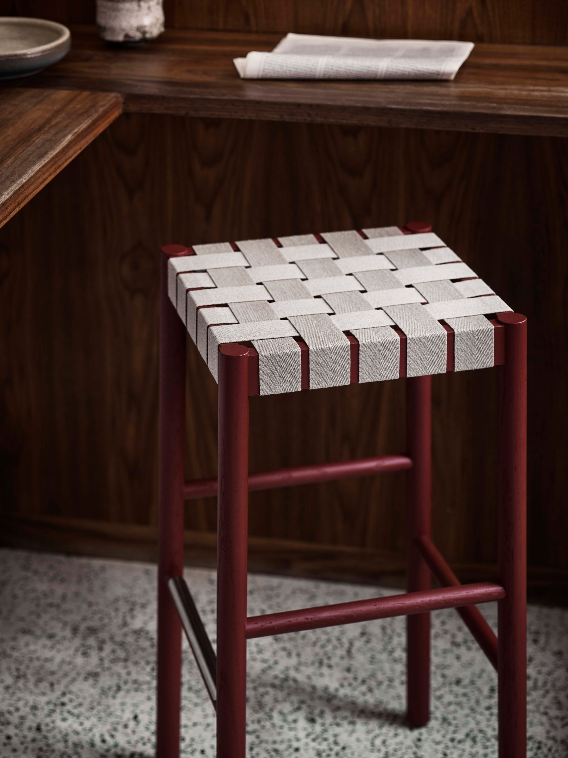 Betty TK4 stool in maroon and natural webbing by Thau & Kallio for &Tradition