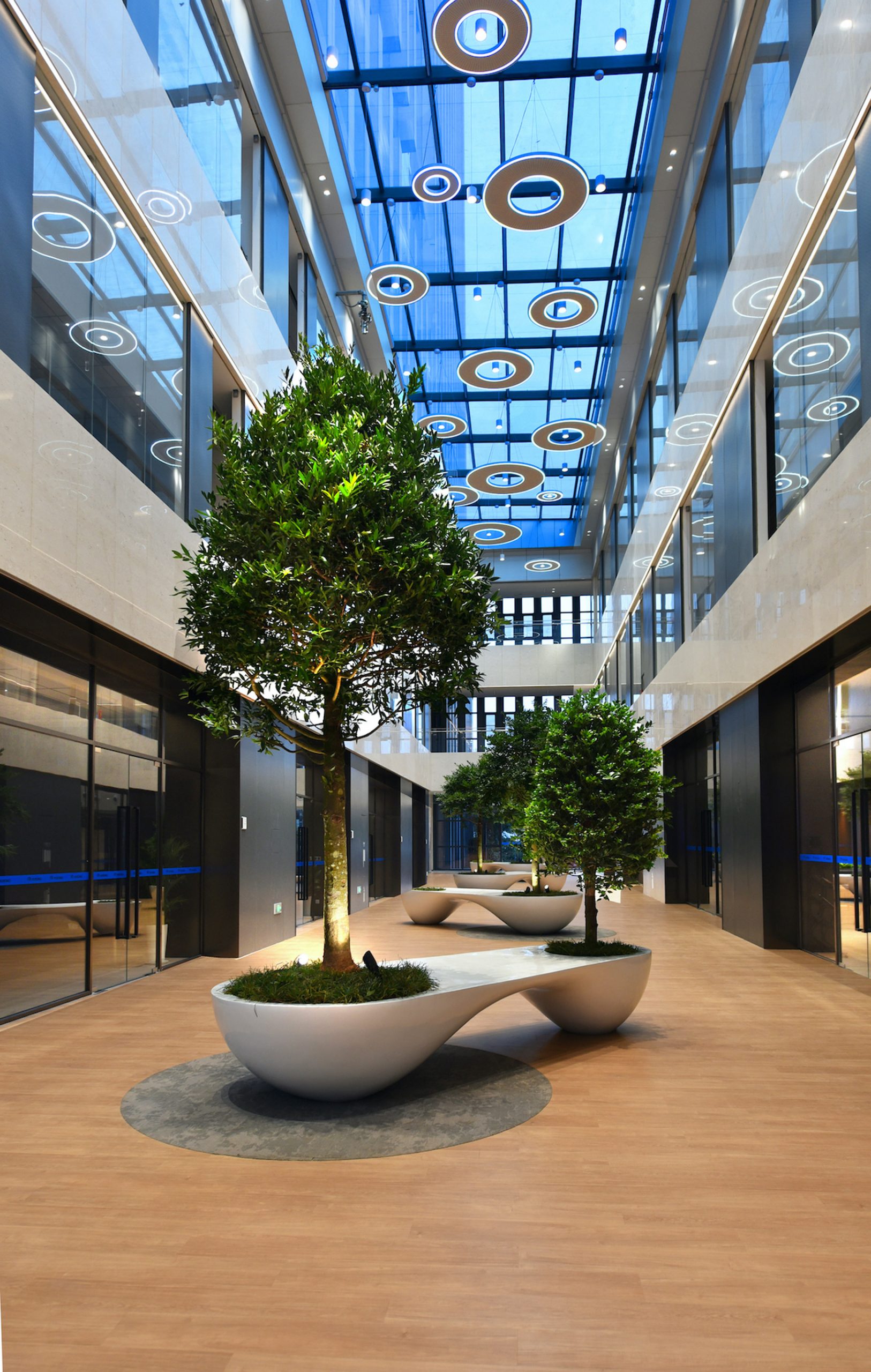 Planters and pendant lights in an office in China