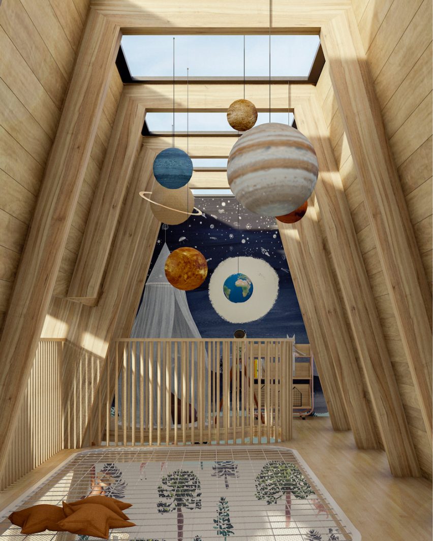 Rendering of a playroom with skylights and a net floor