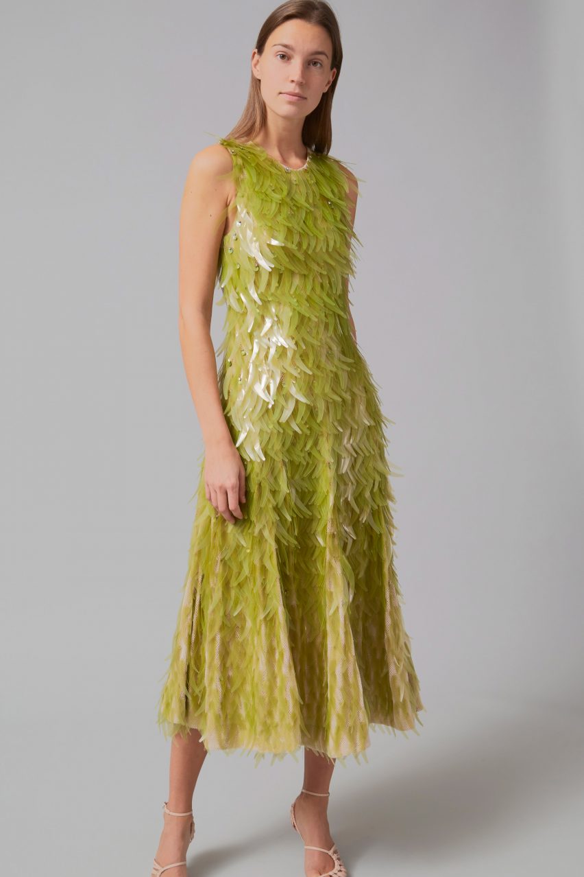 Close up of algae sequin dress by Phillip Lim as part of One X One project