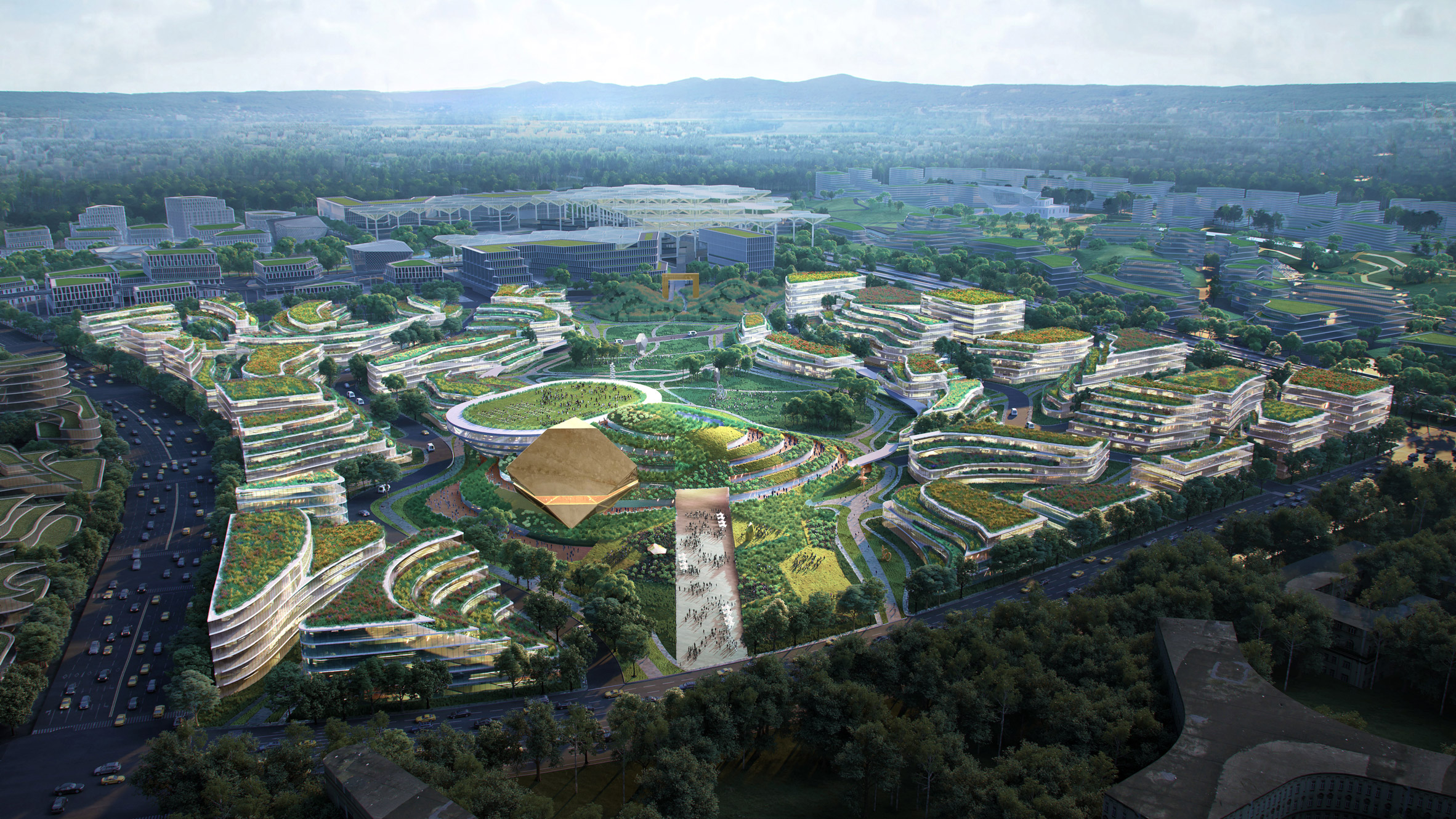 A cluster of green-roofed buildings within a masterplan by OMA