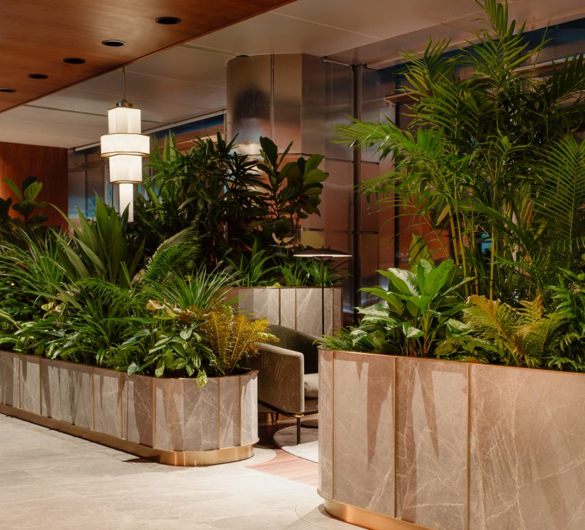 Marble planters on level eight of Citibank Singapore Wealth Hub by Ministry of Design