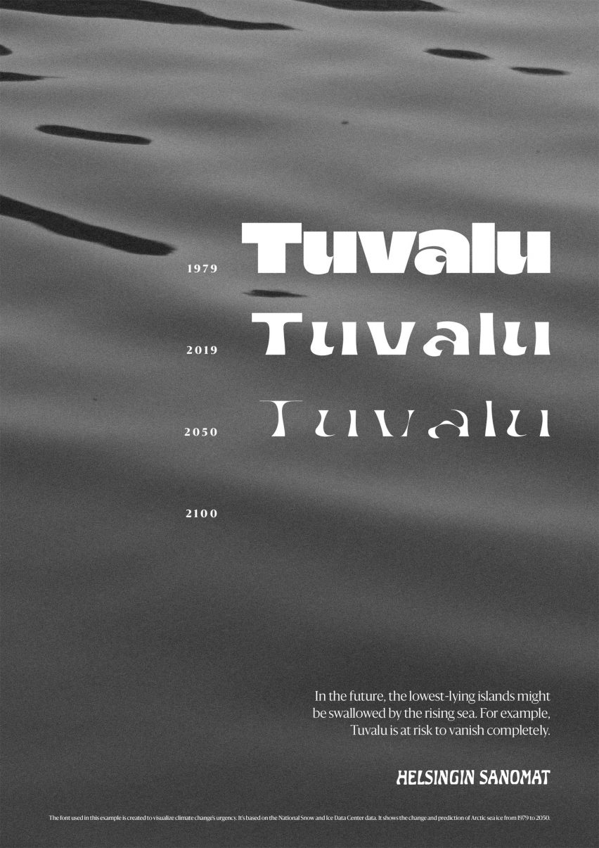 Poster illustrating rising sea levels using a variable font by Helsingin Sanomat
