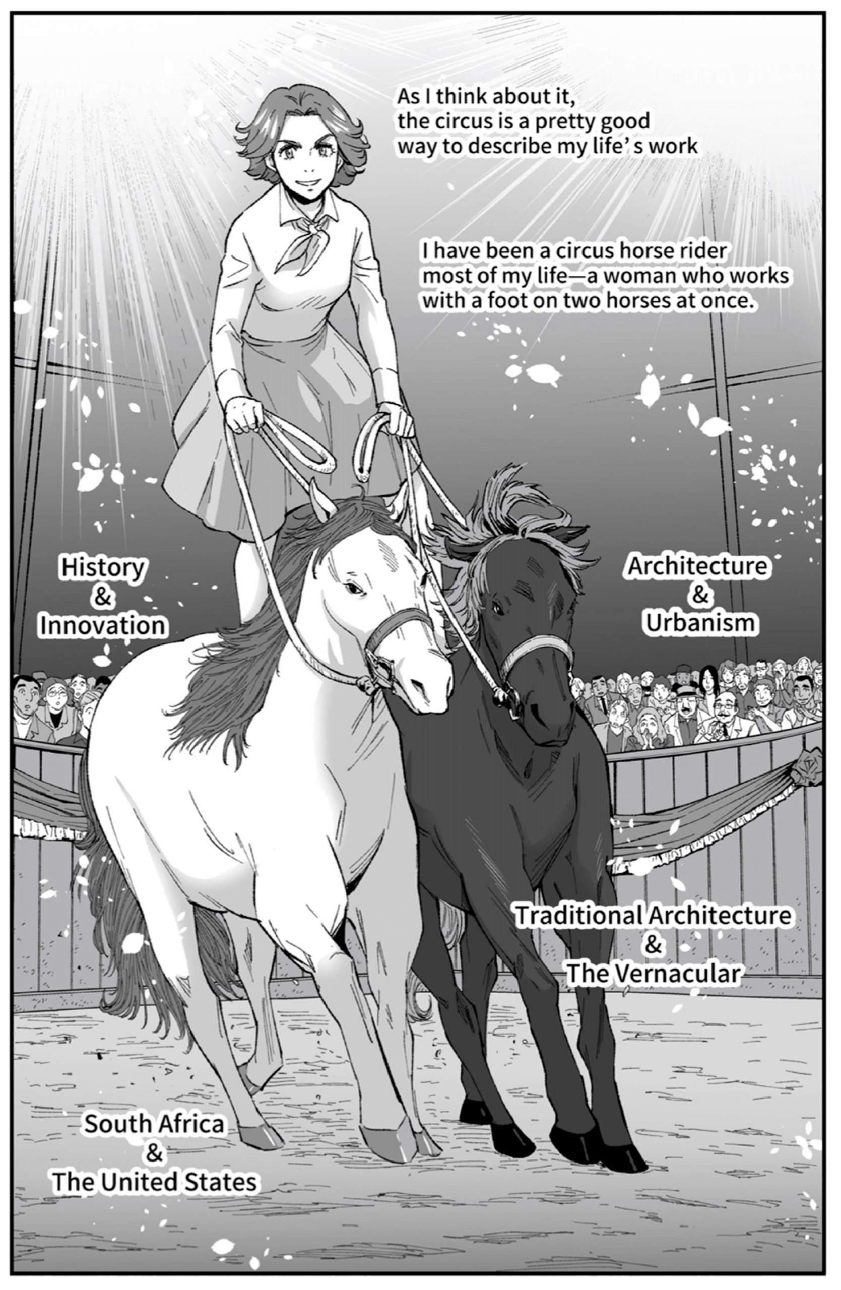Manga showing Denise Scott Brown as a circus rider on two horses