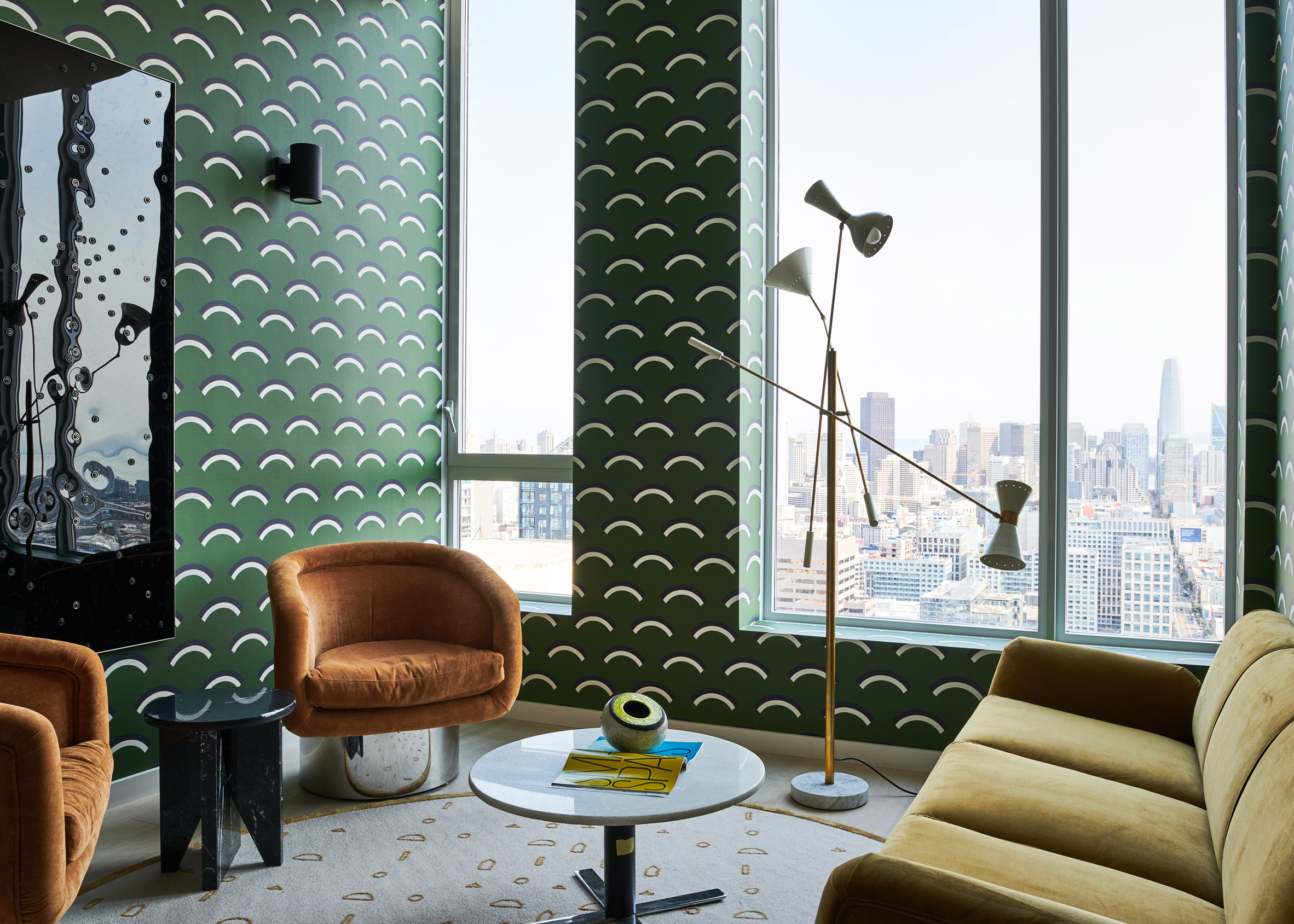 Office with green wallpaper and velvet furniture from San Francisco penthouse exhibition by Gabriel & Guillaume