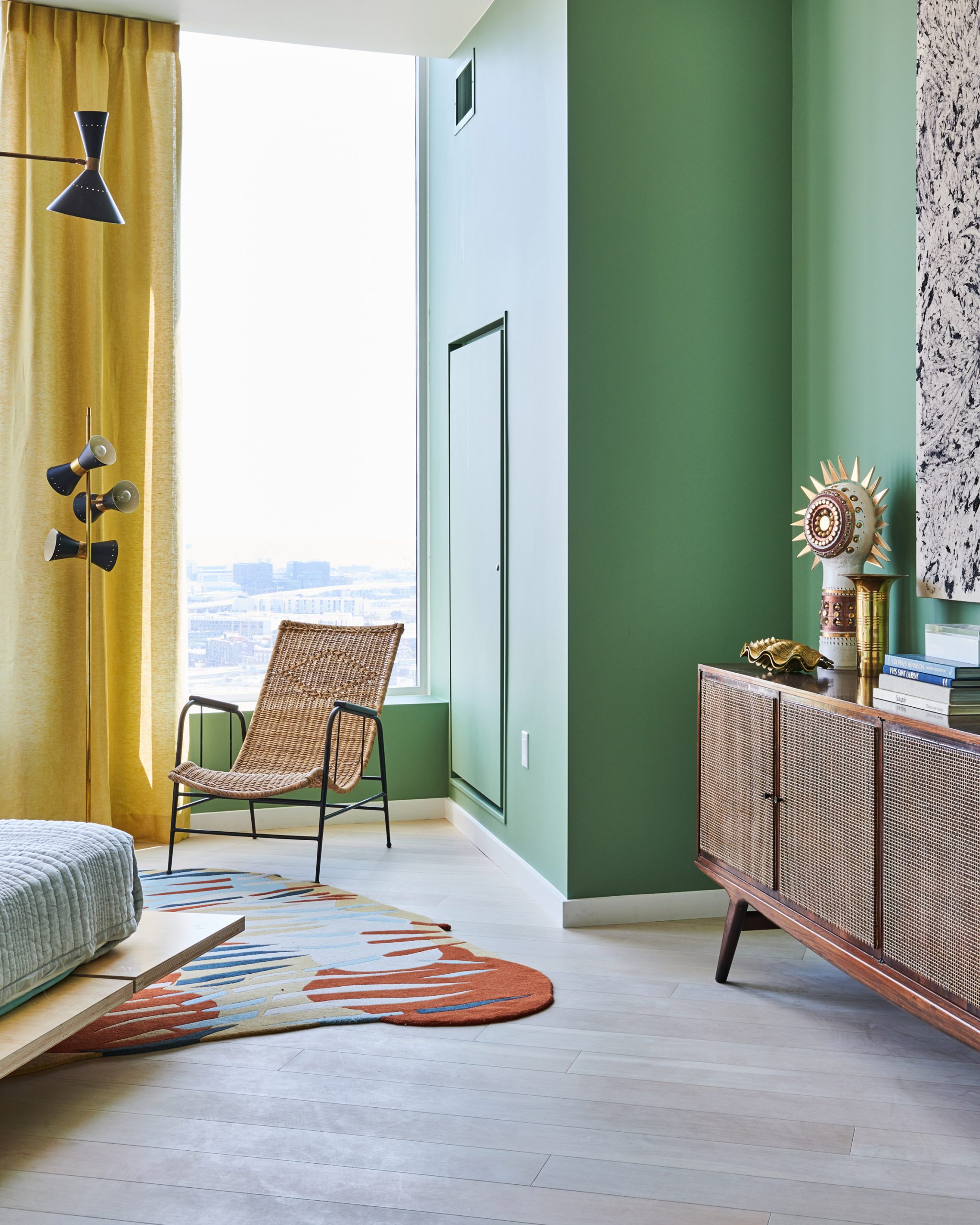 Master bedroom with green walls from Fifteen Fifty penthouse exhibition by Gabriel & Guillaume