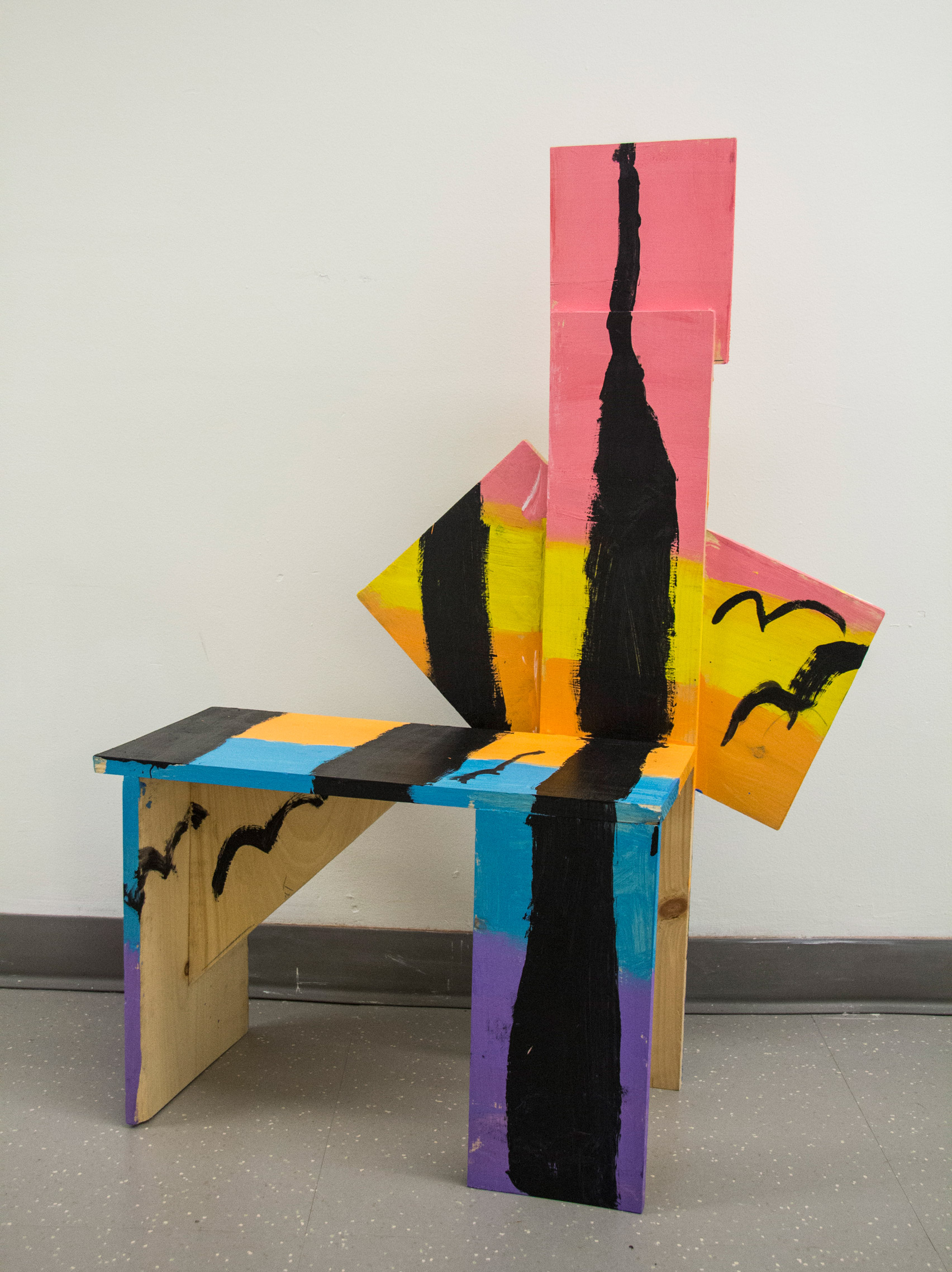 Abstract, painted chair from Grade Three Chairs project by Bruce Edelstein at Trinity School