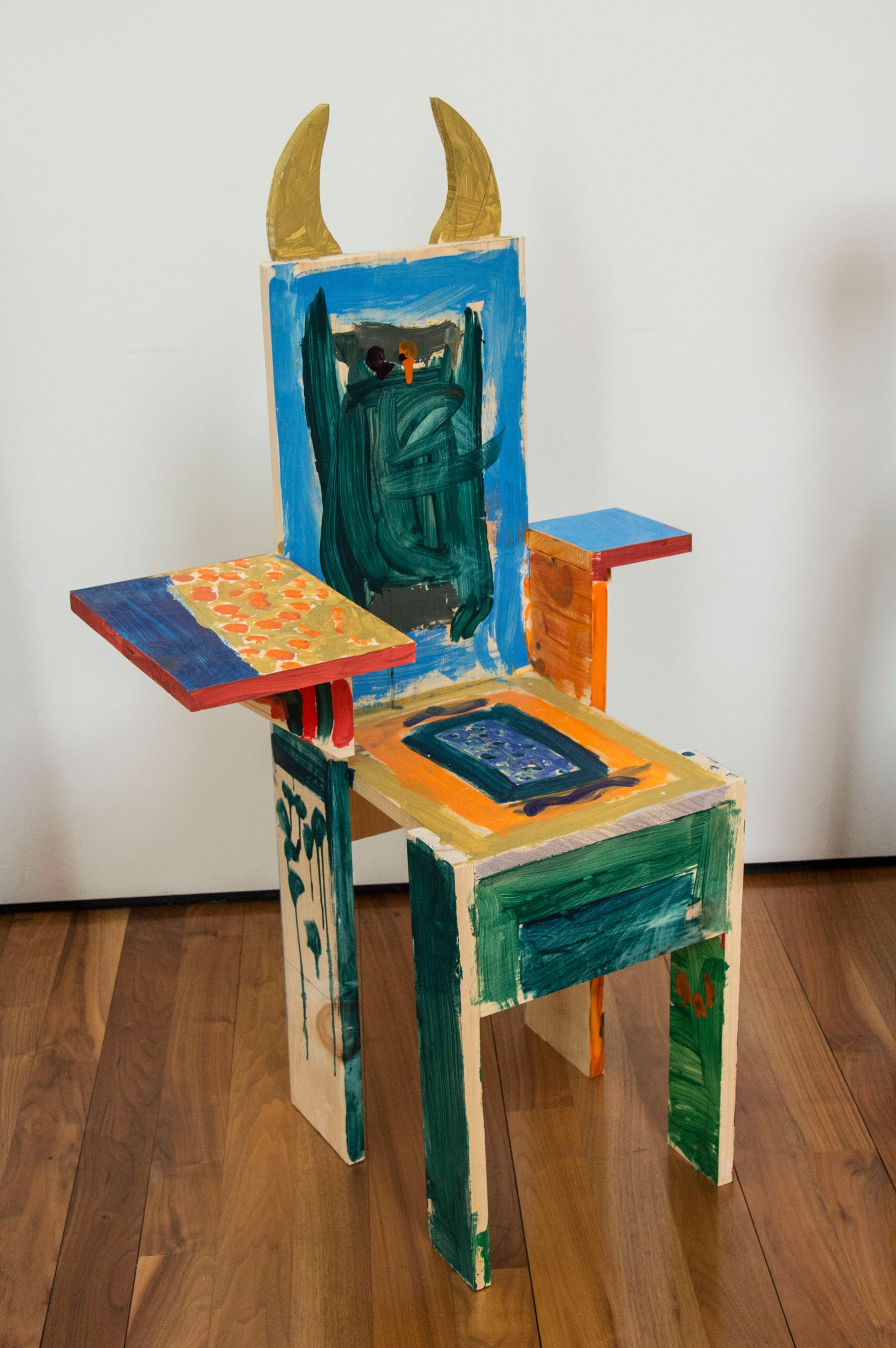 Colourful chair with horns from Grade Three Chairs project by Bruce Edelstein at Trinity School