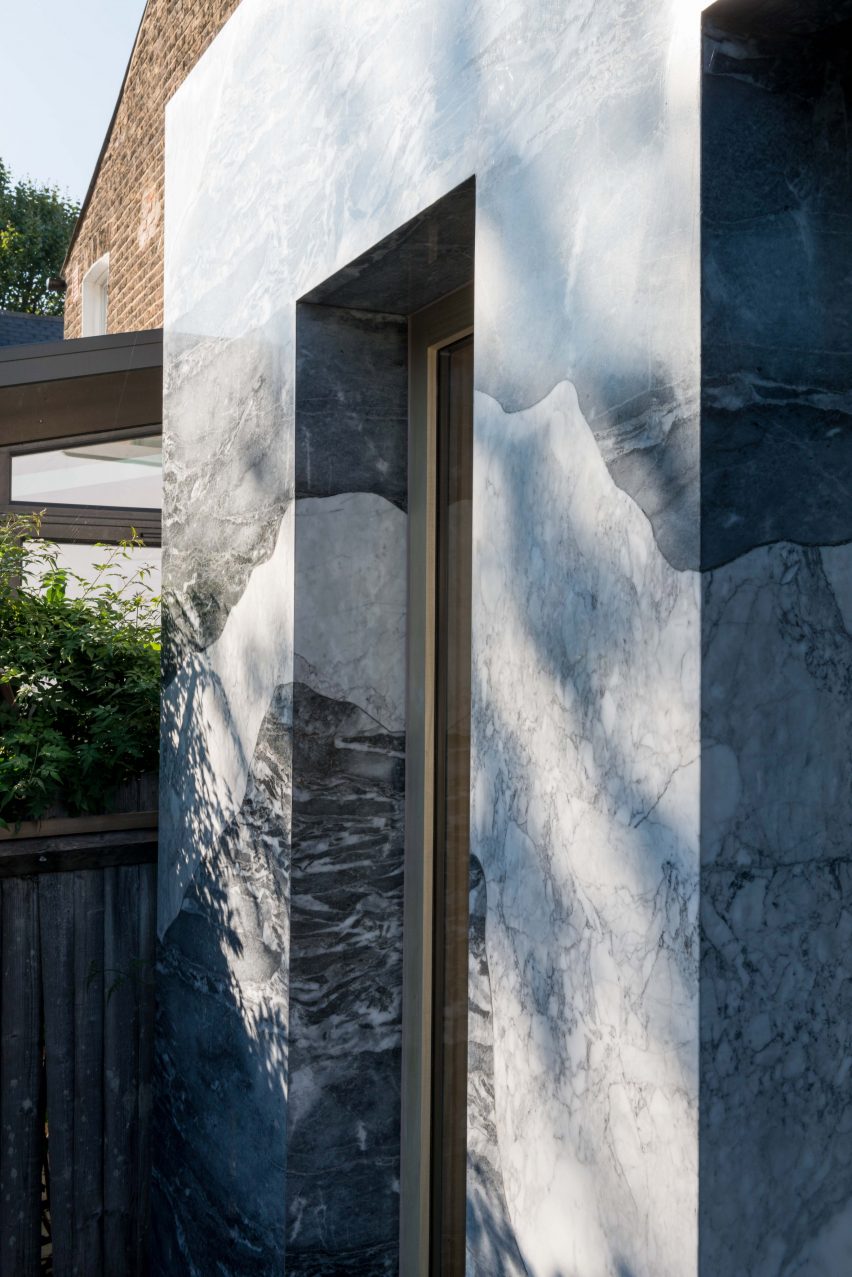 Marble-clad facade of extension of Hansler Road house extension by Alexander Owen Architecture