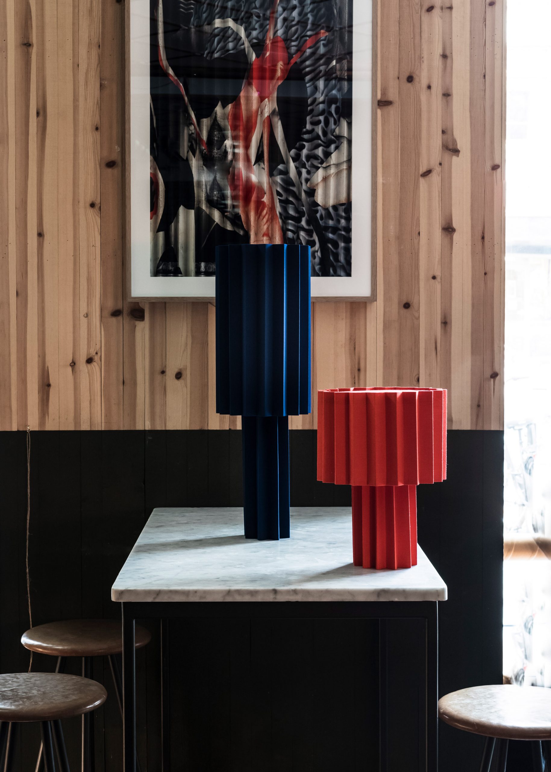 Blue and red pleated Plissé lamps