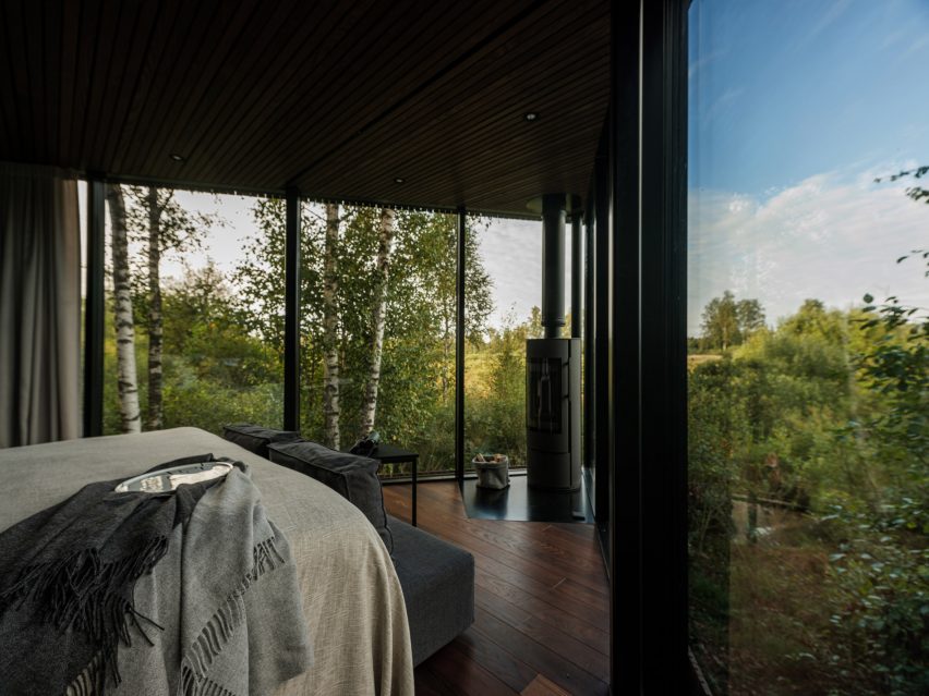 The interiors of a glass-walled cabin