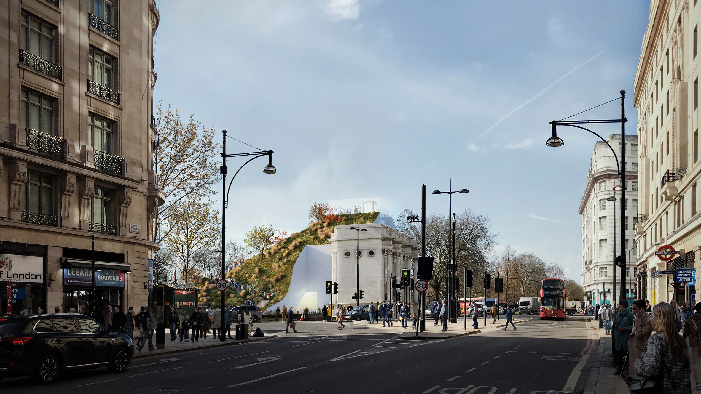 A visual of an artificial hill beside Marble Arch